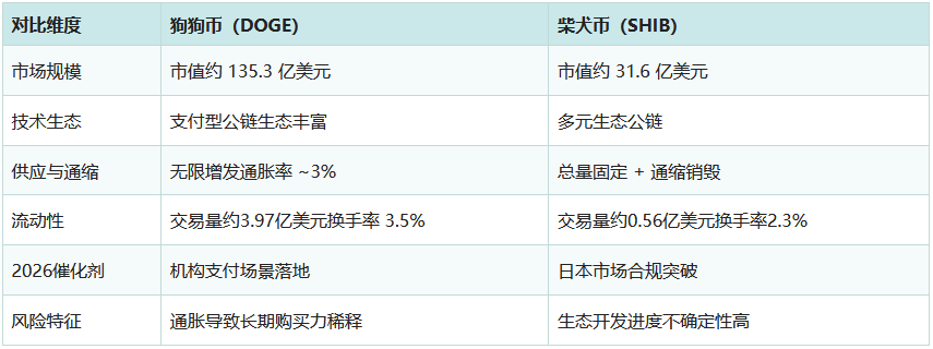 狗狗币与SHIB哪个值得买？2026年五大维度全对比